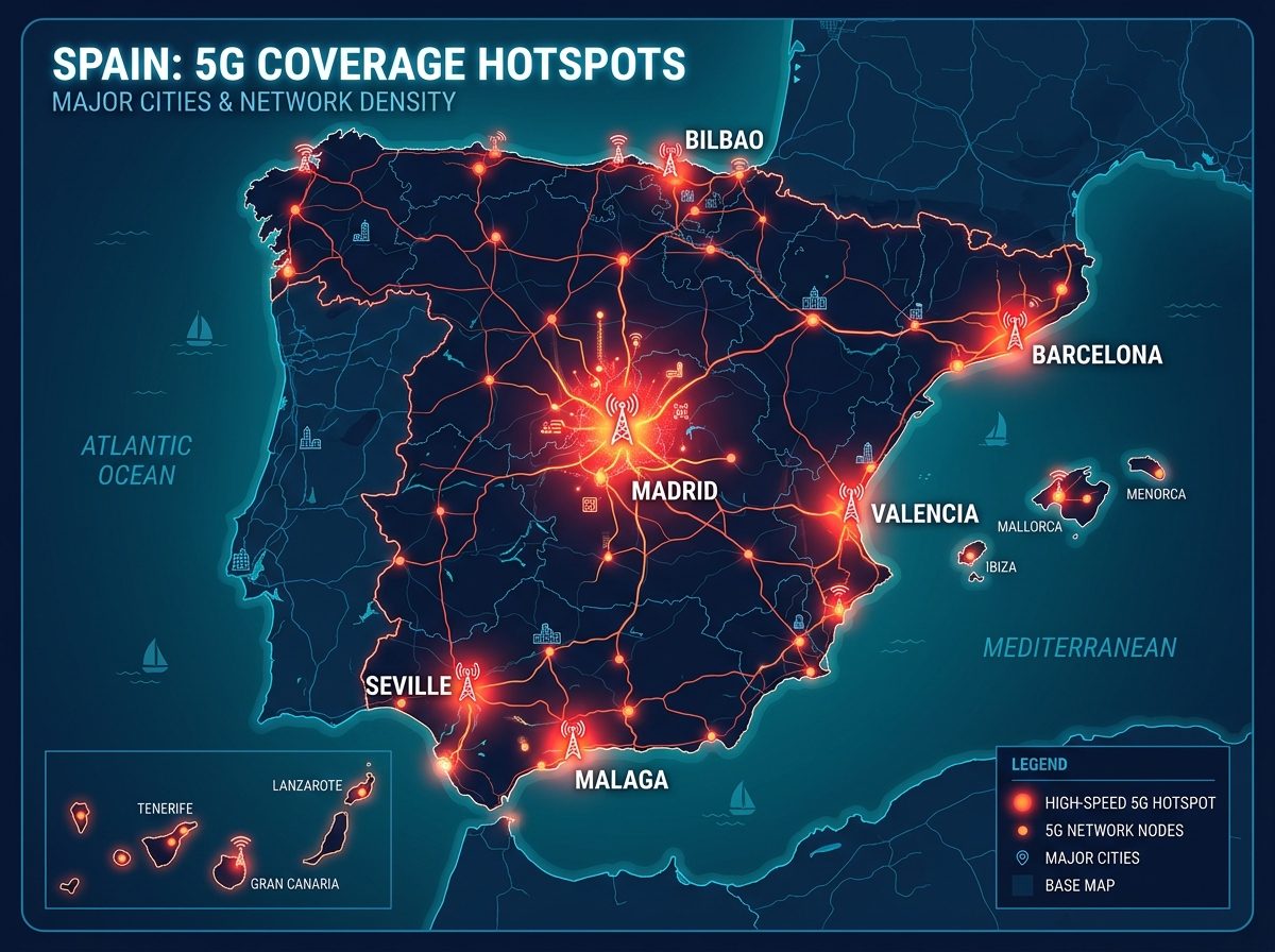 Mapa de cobertura 5G en España con las principales ciudades destacadas