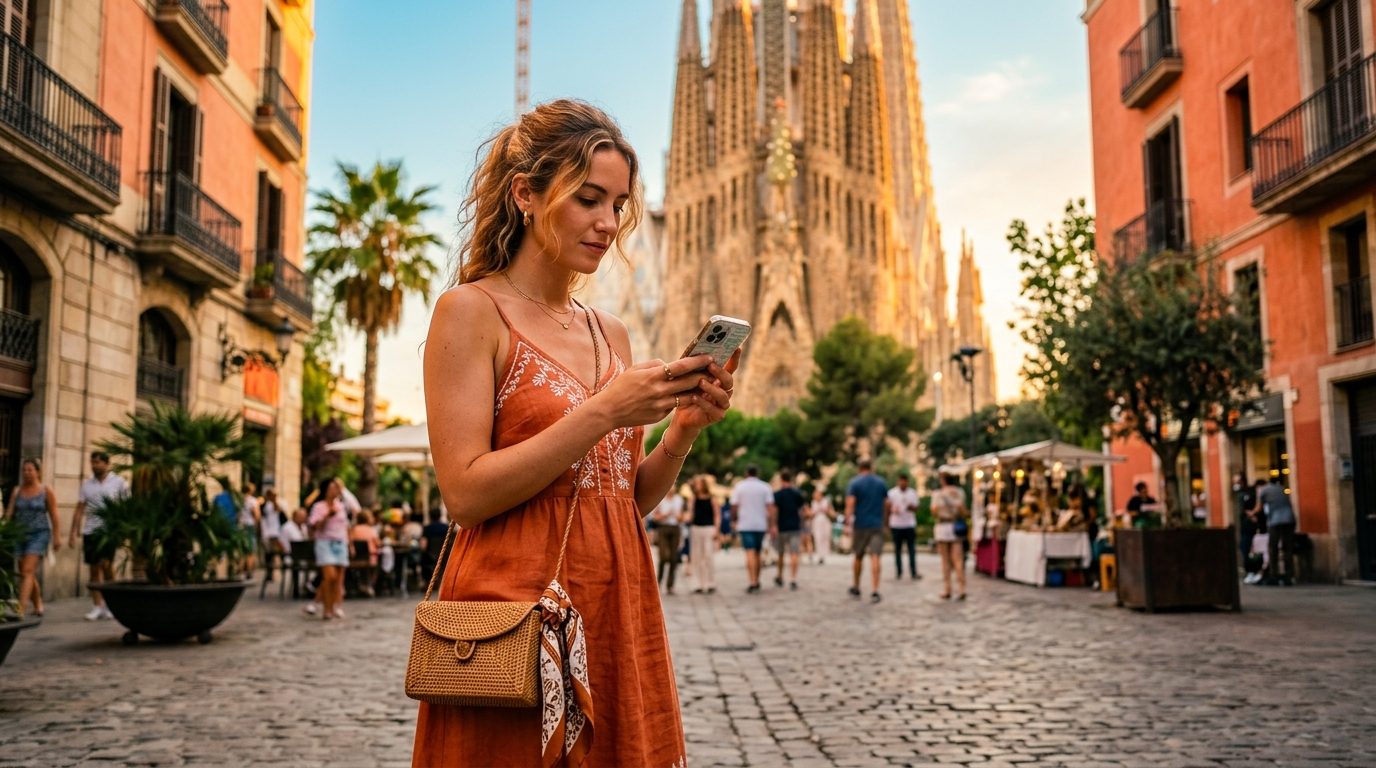 Turista usando el móvil en Barcelona